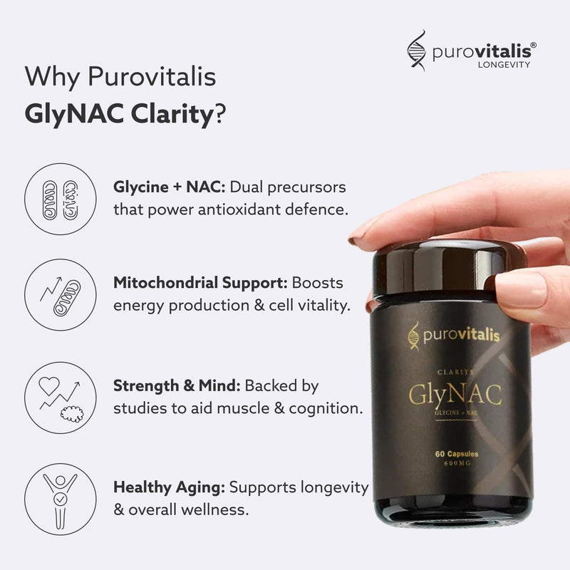 PUROVITALIS GlyNAC Clarity, Glycine + NAC Supplement, 600mg Each, Supports Glutathione, Cellular Health & Healthy Ageing, 1-Month Supply (60 Vegan Capsules)