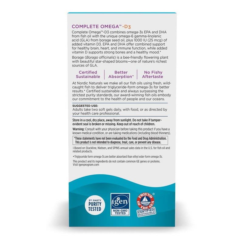 [Australia] - Nordic Naturals Complete Omega-D3, Lemon Flavor - 120 Soft Gels - 565 mg Omega-3 + 70 mg GLA + 1000 IU Vitamin D3 - EPA & DHA - Healthy Skin, Cognition, Positive Mood - Non-GMO - 60 Servings 120 Count (Pack of 1) Standard Packaging 