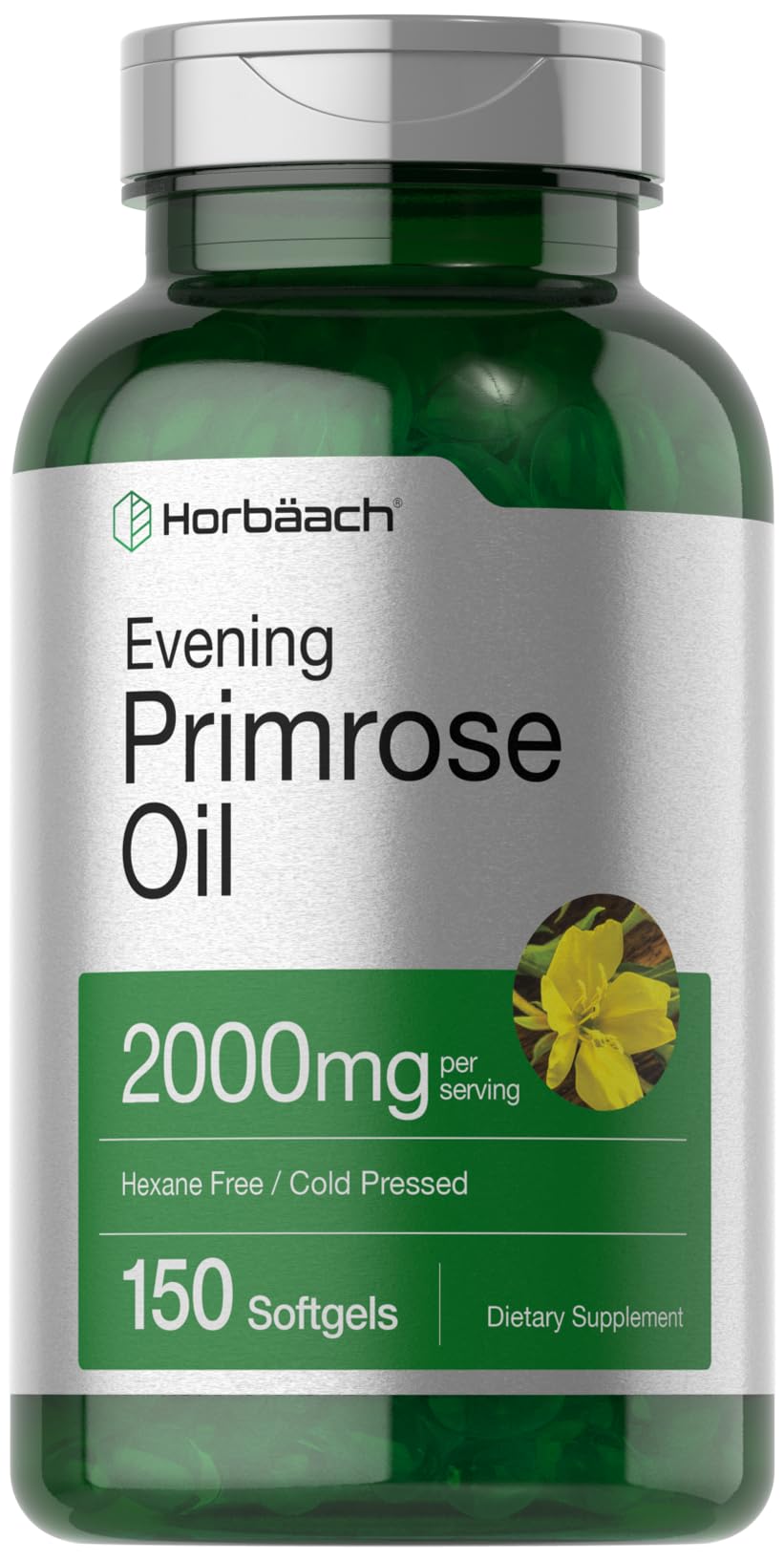 Horbäach Evening Primrose Oil Capsules 2000mg | 150 Softgels | Hexane and Solvent Free Pills | Cold Pressed Supplement with GLA | Non-GMO, Gluten Free