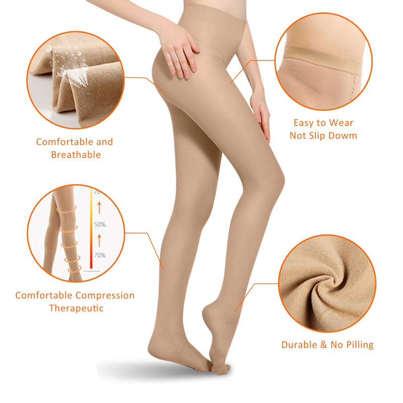 [Australia] - Compression Pantyhose 20-30mmHg Support Stockings Compression for Women Opaque Closed Toe Tights Varicose Veins Beige-l 