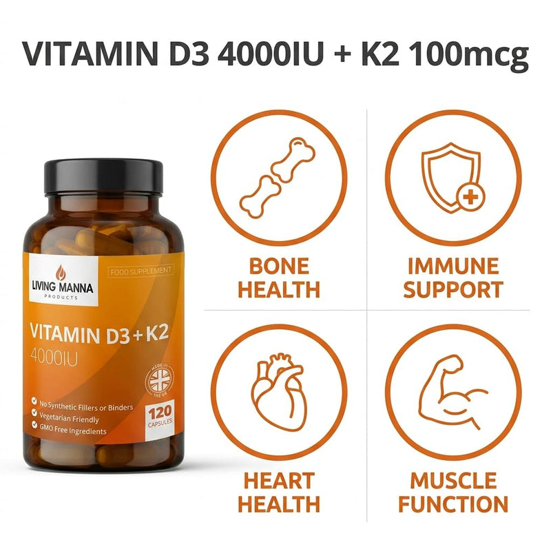 Vitamin D3 4000 IU + K2 MK‑7 100mcg High Strength | 120 Vegetarian Capsules | Bone, Immune & Heart Support | Pure D3 & K2 | UK Made – Living Manna 120 count (Pack of 1)