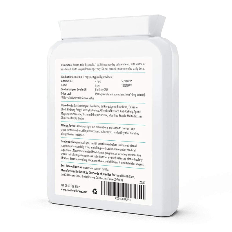Troo Health Care Saccharomyces Boulardii Supplement - 90 Capsules – 5 Billion cfu with Olive Leaf, Biotin and Vitamin D - Highly Stable Friendly Yeast to Support Gut Bacteria Balance
