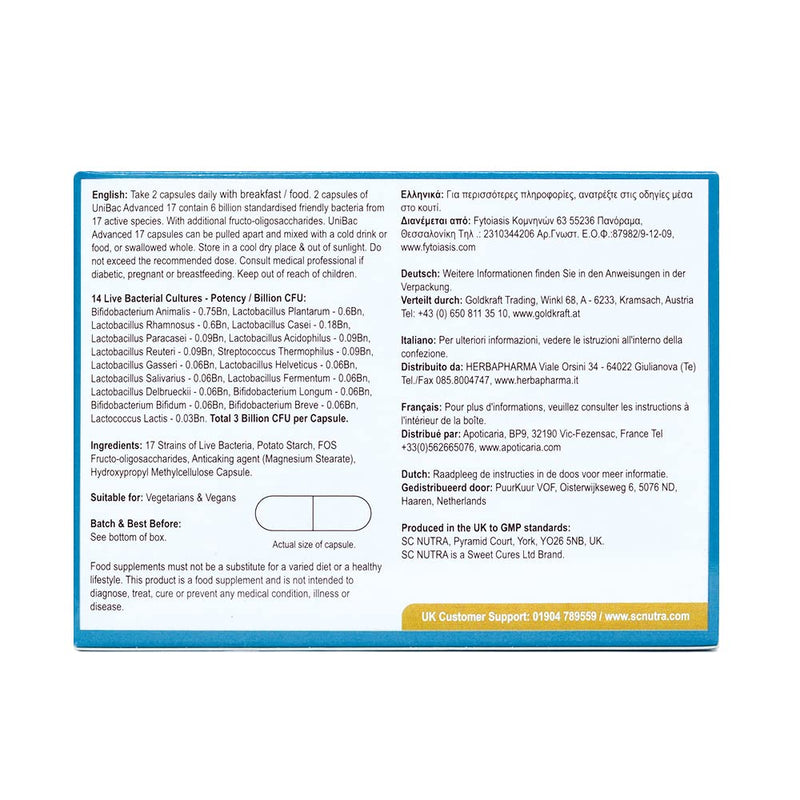 UniBac Advanced 17 – Unified Bacteria – 17 Strain Probiotic Blend – 6 Billion Live Cultures – Lactobacillus & Bifidobacterium Complex – Vegan Capsules (50 Count)