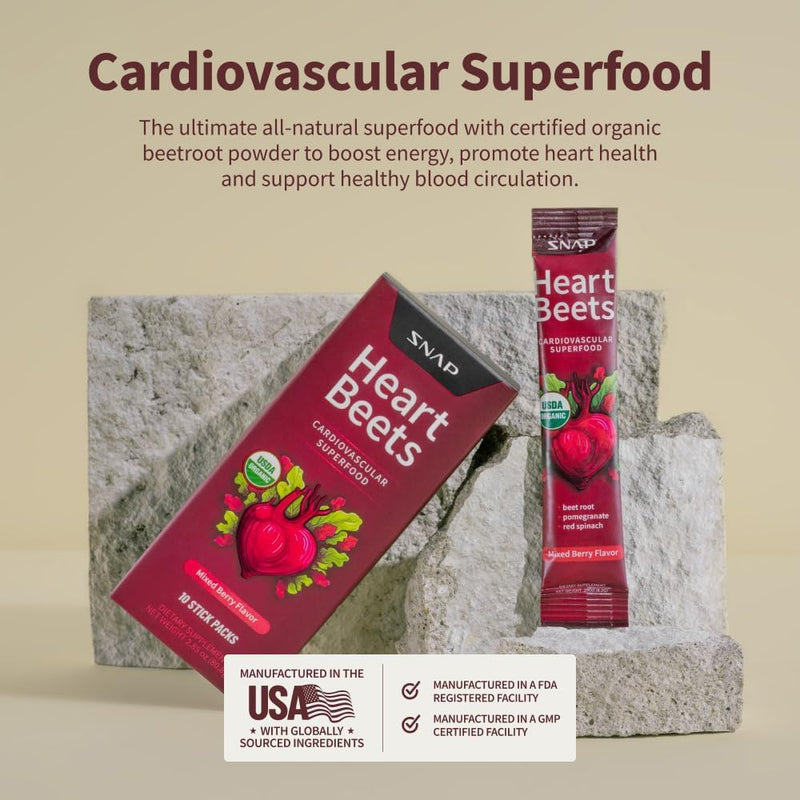 Snap Supplements Heart Beets Stick Packs, Organic Beet Root Powder Drink Mix, Cardiovascular Support for Men & Women, Beets, Pomegranate & Red Spinach, Nitric Oxide Booster, Mixed Berry, 10 Servings