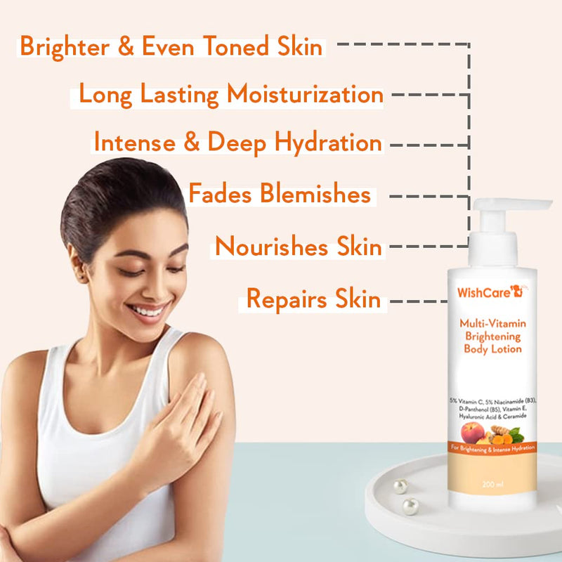 WishCare Multi-Vitamin Brightening Body Lotion for Men & Women, 200ml | 5% Vit C, Niacinamide, Panthenol & Vit E; Turmeric & Kakadu Plum; 5 non-comedogenic moisturizers; fragrance-free & vegan