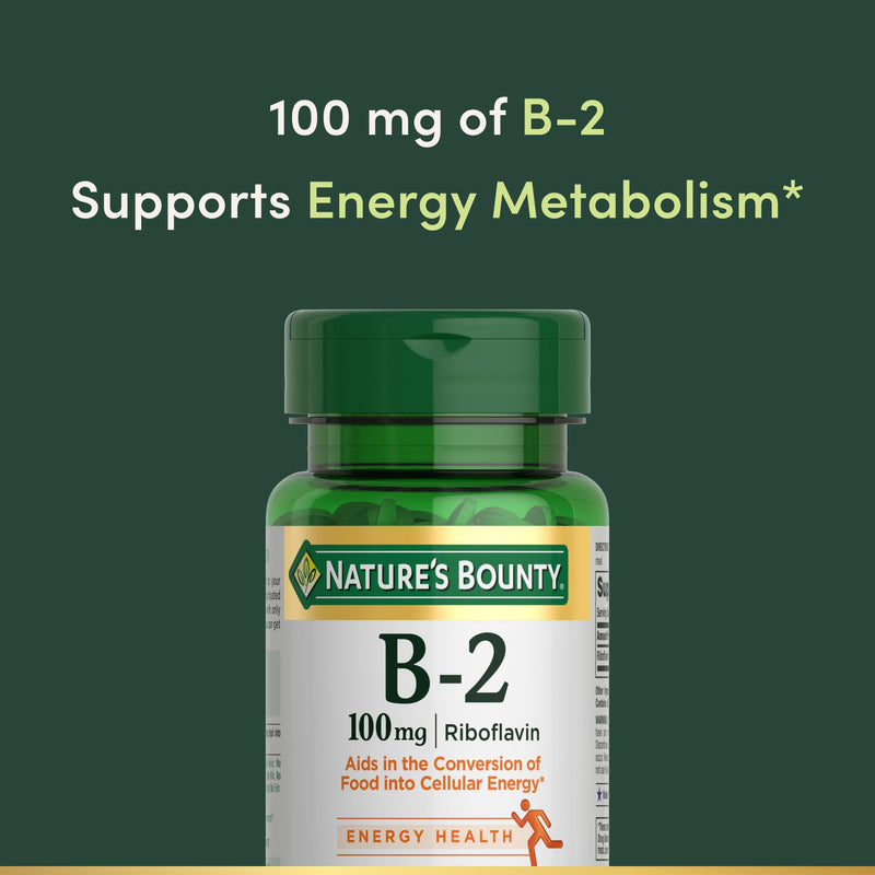 Nature's Bounty Vitamin B-2 100mg, 100 Tablets | Riboflavin Supplement, Aids Energy Metabolism, 100 Day Supply No artificial flavor 100 Count
