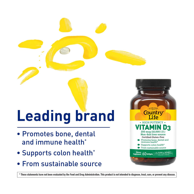 Country Life Vitamin D3 10,000 IU, 60 Softgels, Certified Gluten-Free | High-potency vitamin D3 from lanolin promotes bone, dental, immune and colon health