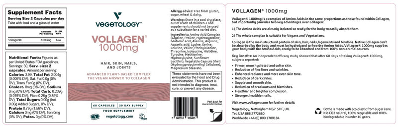 Vegetology Vollagen, Vegan Collagen Supplements for Women, and Men, Plant Based Complex, Amazing Skin Hair and Nails Vitamins, Vegetarian Protein, Joint Care, 1000mg, 60 Tablets, UK Made