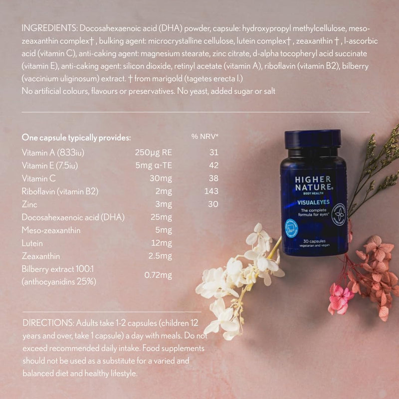 Higher Nature - VisualEyes - Supports Vision - Lutein, Zeaxanthin, Bilberry & Essential Vitamins - 10 Active Ingredients - Vegan - 30 Capsules Unflavoured 30 count (Pack of 1)