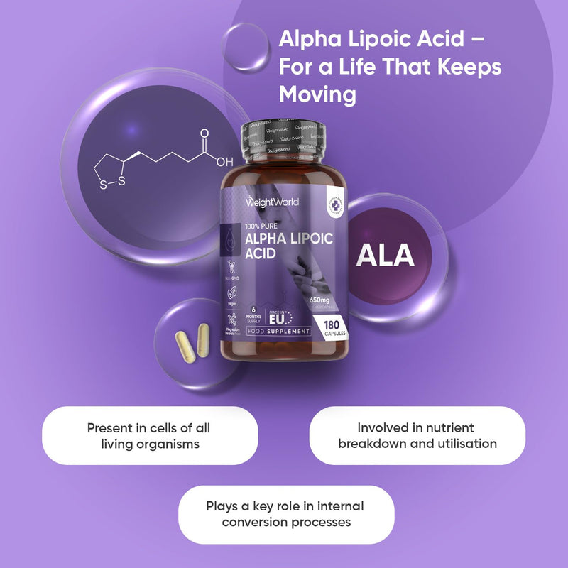 WeightWorld Alpha Lipoic Acid 650mg | 180 Capsules | 6 Months Supply | 1 Capsule a Day | Vegan ALA Supplement | Non-GMO & Magnesium Stearate-Free | No Added Preservatives