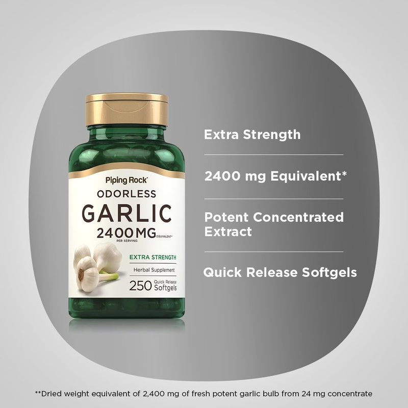 [Australia] - Piping Rock Odorless Garlic Softgel Capsules | 2400mg | 250 Pills | High Potency Extract | Herbal Supplement | Non-GMO, Gluten Free 