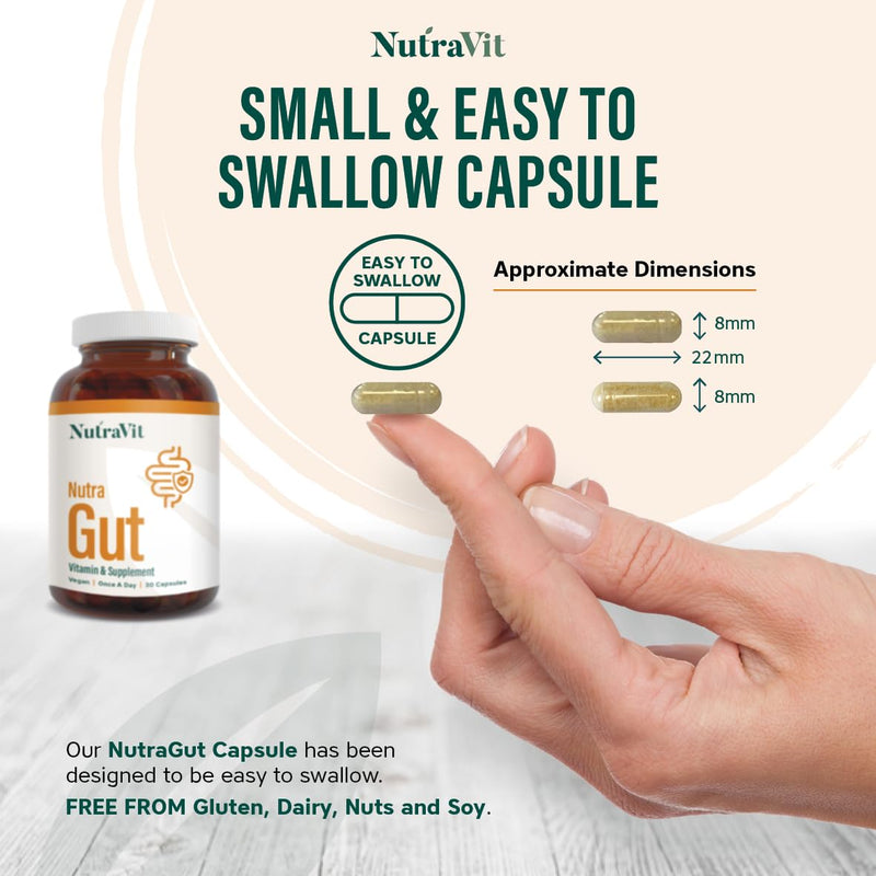 NutraGut - Digestive and Gut Support - with 10 Billion Probiotic Cultures, 3 Digestive Enzymes: Amylase, Protease & Lipase - with Vitamins & Minerals - NutraVit, 30 Capsules