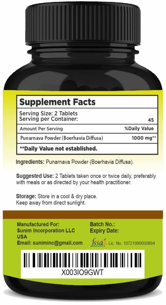 [Australia] - Punarnava Tablets 90 Tablets, 1000 mg| 45 Days Supply| Herbal Tablets| Herbal Supplements| Vegan | Boerhaavia diffusa | from India 