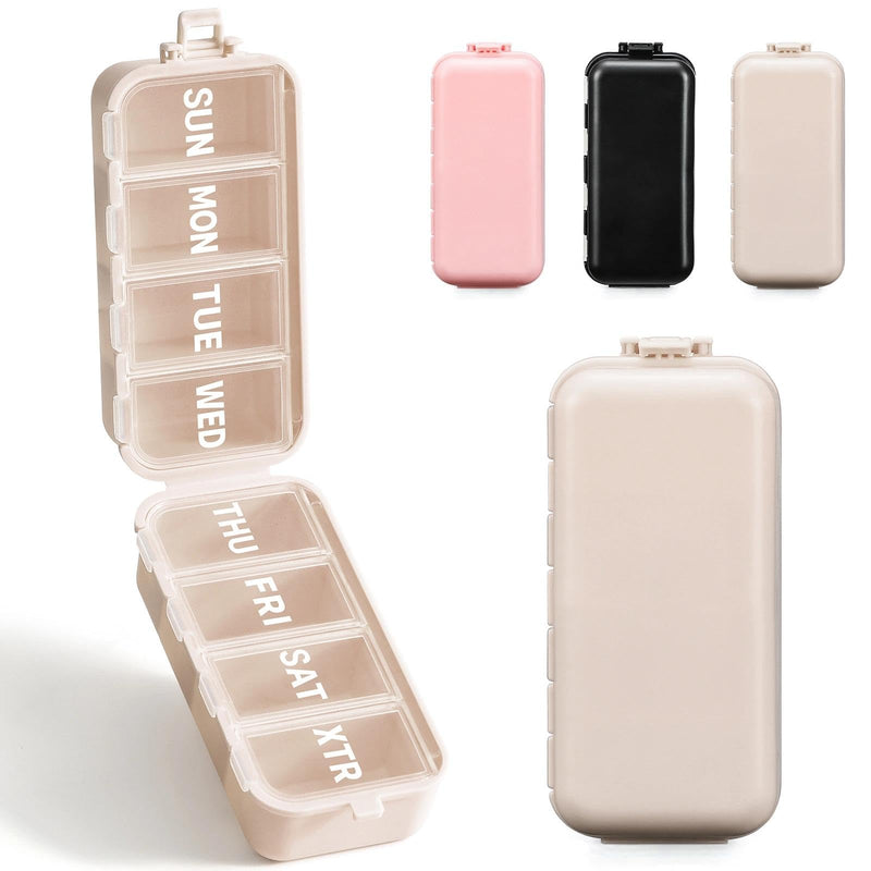 Foldable & Portable Weekly Pill Organizer, Week Daily 7 Day Travel Pill Box | 1 Time A Day, with 1 Extra Compartment, Double Lock, Large Medicines Case Holder Dispenser for Med, Vitamin, Supplement,Khaki Khaki