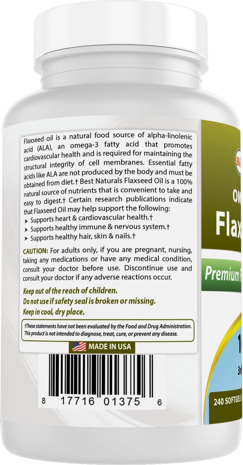 Best Naturals Flaxseed Oil 1000 mg 240 Softgels - Omega-3-6-9 for Heart Health | Great Source of Omegas