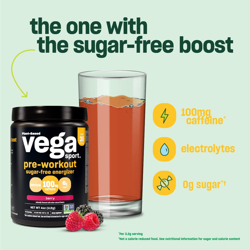 Vega Sport Sugar Free Pre-Workout Energizer, Berry - Pre Workout Powder for Women & Men, Supports Energy and Focus, Electrolytes, Vegan, Keto, Gluten Free, Non GMO, 4 oz Sugar Free Berry