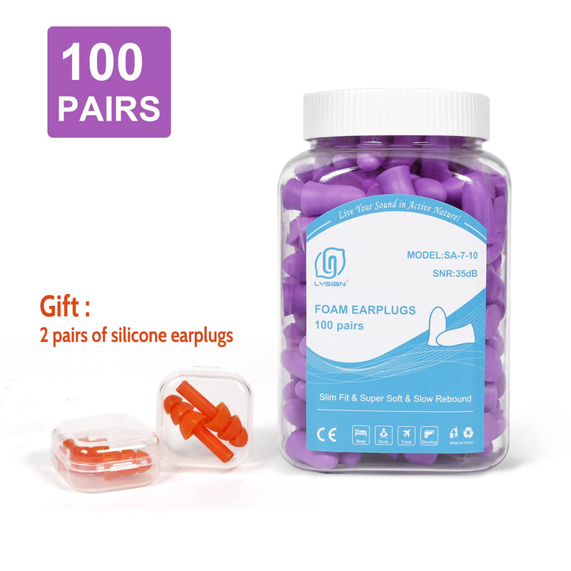 [Australia] - LYSIAN Slim Size Foam Ear Plugs for Small Ear Canals Women, Kids, 100 Pairs, 35dB SNR Noise Canceling Earplugs for Sleeping, Work and Study (Purple) Purple 