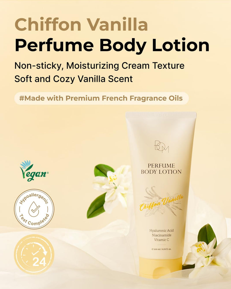 BOM Chiffon Vanilla Perfume Body Lotion 6.76 Fl Oz, Vanilla Scented Body Cream with Hyaluronic Acid, Niacinamide & Vitamin C, Long-Lasting Moisture & Fragrance, Non-Sticky & Smoothing, Korean Skincare