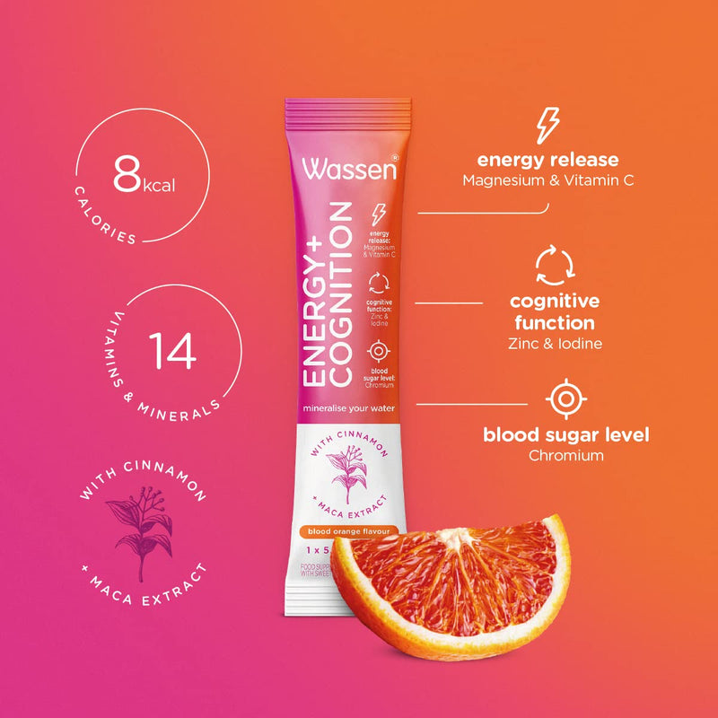 Wassen Energy & Cognition Energy Supplements - 14 Sachets | Vitamin C Sachets | Vitamin Powder for Water | Magnesium Sachets & Vitamin C to Help Healthy Energy Release Energy + Cognition
