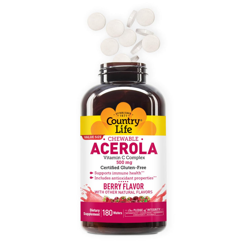 Country Life Acerola Vitamin C Complex 500 mg Chewable Wafers, 180 Count | Berry-flavored wafers with acerola, rose hips and citrus bioflavonoids; 500 mg vitamin C and 180 servings. 180 Count (Pack of 1)