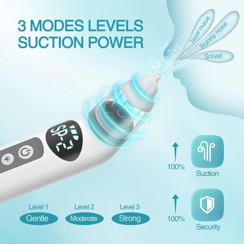 [Australia] - Bivni Baby Nasal Aspirator,IPX7 Waterproof Electric Nasal Aspirator for Baby,with 3 Silicone Tips, Adjustable 3 Levels Suction,8 Light Soothing Function & Music 