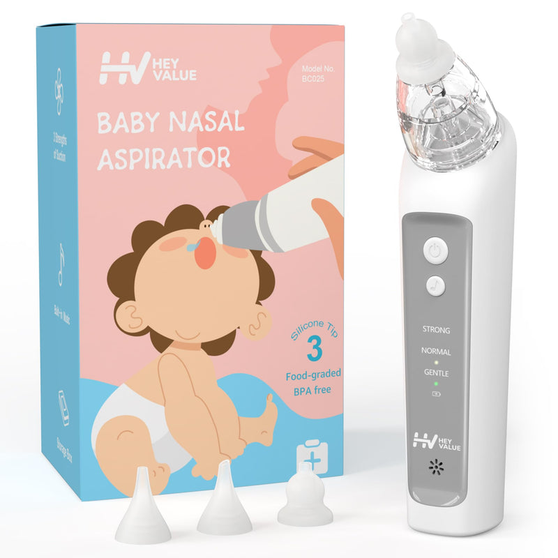 [Australia] - HEYVALUE Nasal Aspirator for Baby, Electric Baby Nose Sucker, Automatic Nose Cleaner with 3 Silicone Tips, Adjustable Suction Level and Music Soothing Function 