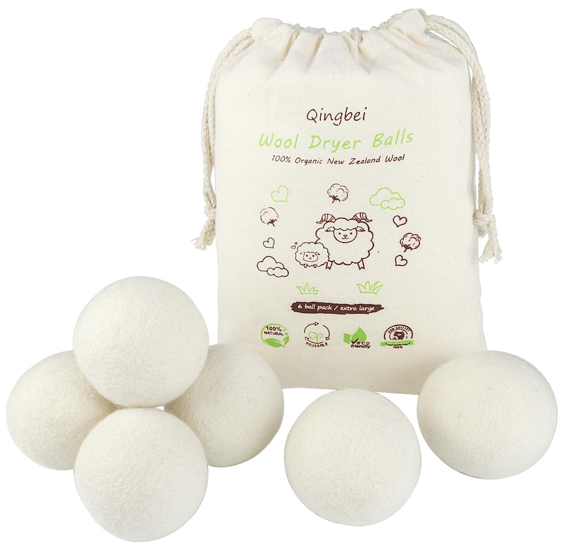 Wool Dryer Balls Laundry Reusable, 100% Natural New Zealand Wool Balls for Dryer, 6 in 1 Pack (White) White