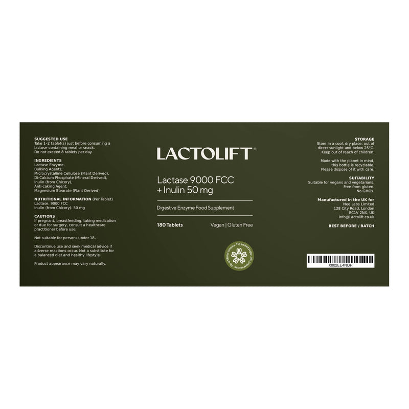 Fast-Acting Lactase Tablets 9000 FCC with Inulin | High Strength Digestive Enzyme for Lactose Intolerance Relief | Bloating, Gas & Dairy Support | UK Made | Eco-Friendly Biodegradable Bottle