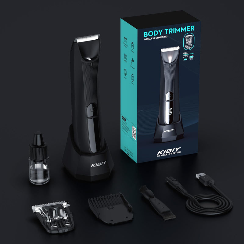 [Australia] - Intimate razor for men, Kibiy electric body razor for men with replaceable anti-cut ceramic blade, professional IPX7 waterproof body hair trimmer with LED light, display and standing charging station... Black Body with two blades 