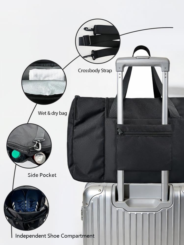 SSZYace Black Travel Bag, Waterproof Duffel Bag with Separate Shoe Compartment, Laptop Sleeve, Luggage Strap & Front Waterproof Pocket for Wet Clothes