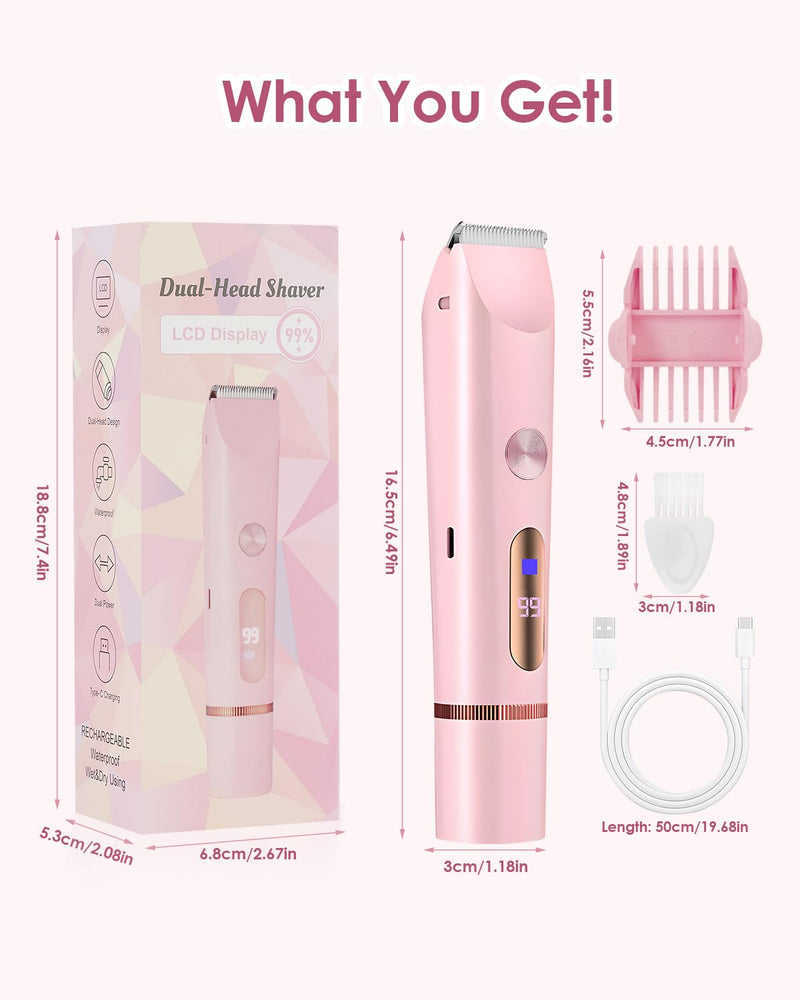 [Australia] - Bikini Trimmer for Women, 2-in-1 Women Electric Shaver, Type-C Rechargeable Pubic Hair Shaver Wet & Dry Waterproof, Dual Head Body Hair Remover for Sensitive Skin 