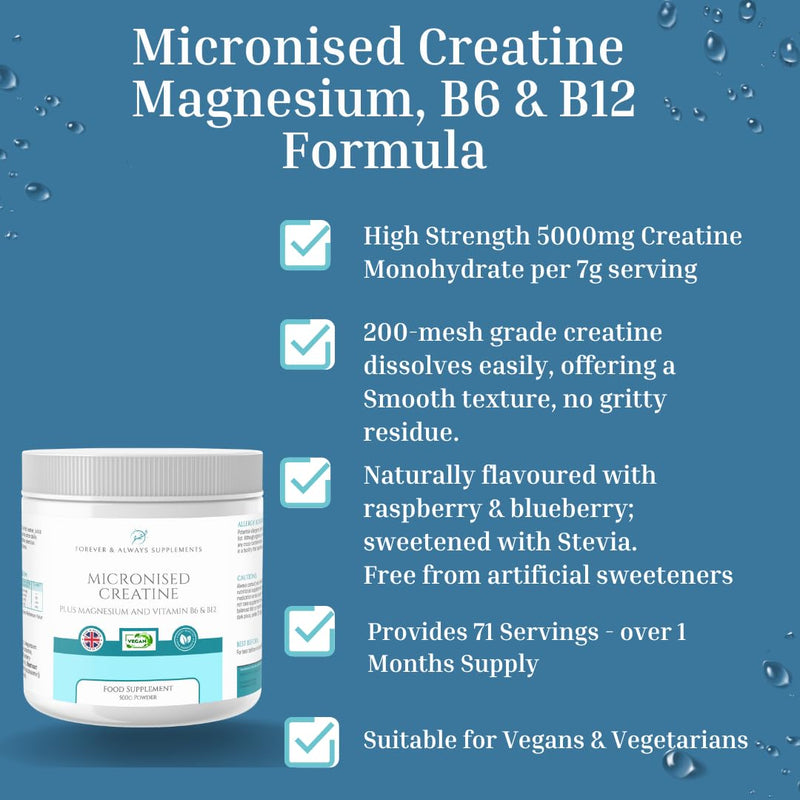Micronised Creatine Plus Magnesium and Vitamin B6 & B12 Formula | Clean, Vegan-Friendly Naturally Flavoured Raspberry-Blueberry Taste | Energy, Strength, Recovery & Performance Support