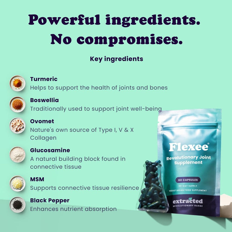 Flexee Joint Supplements - Advanced Formula with Eggshell Membrane, Glucosamine, Chondroitin, MSM & Turmeric - 60 Vegetarian Capsules, UK-Made