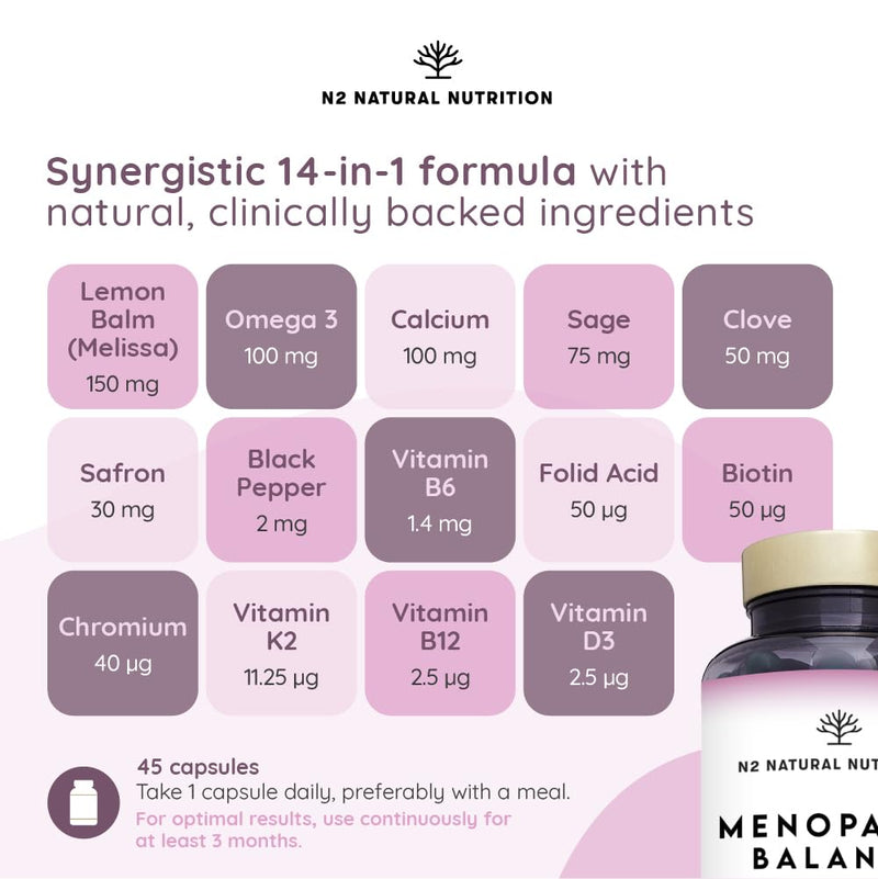 Menopause Supplements, 14-in-1 Formula with Clinical Support. 45 Capsules with Vitamin d3 k2, Omega 3, Biotin, Folic Acid. Estrogen and Hormone Balance for Women. N2 Natural Nutrition® Menopause Supplements