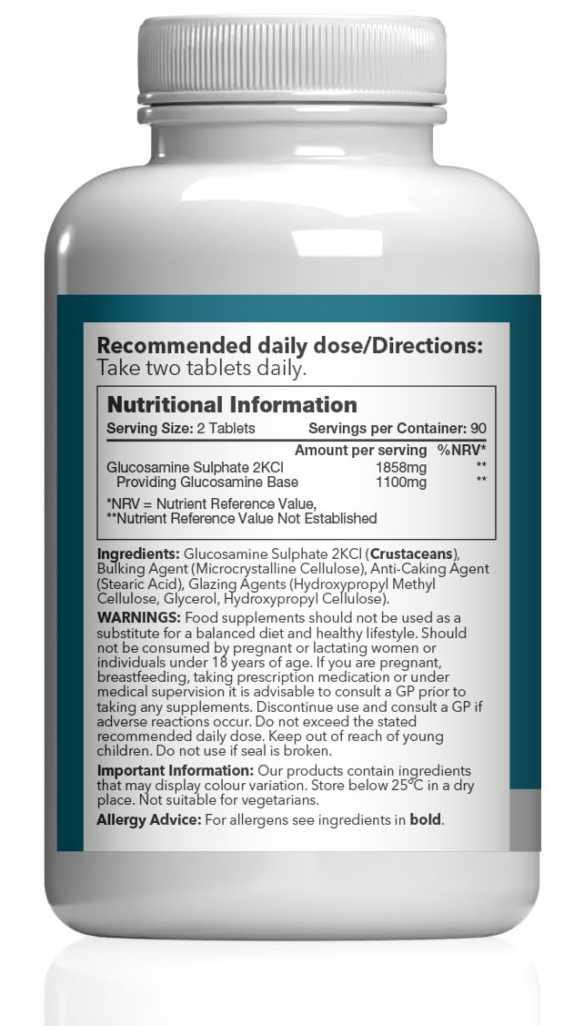Max Strength Glucosamine Sulphate 2KCl | Supports Active Lifestyles | 1858mg per Serving | Marine Sourced | 360 Tablets = 6 Months’ Supply | Manufactured in The UK in Accordance with GMP Standards Unflavoured 180 count (Pack of 2)