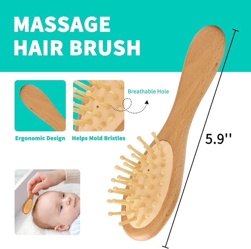 [Australia] - Goat Baby Hair Brush Set, Wooden Comb Massage Scalp Comb, Safe Natural Hair Care Kit, Soft Silicone Bath Brush for Newborns Toddlers (Brush Set+ Green Massager) Group 1 Brush Set+ Green Massager 