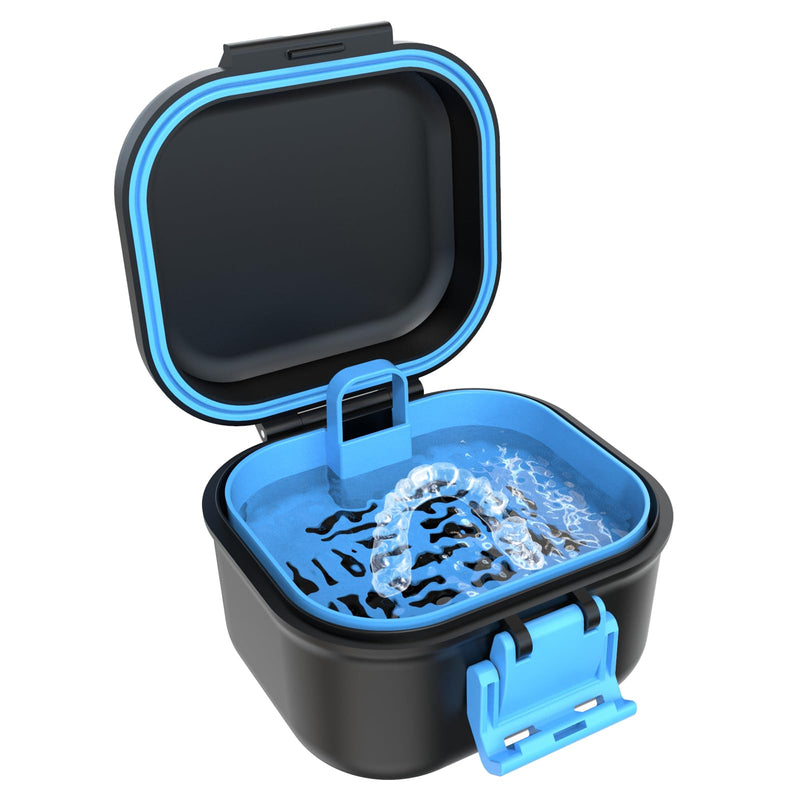 BVN Leak-proof Denture Case, Denture Cup for Soaking Dentures, Retainer Cleaning Case Black and Bule Dent Black Case and Bule