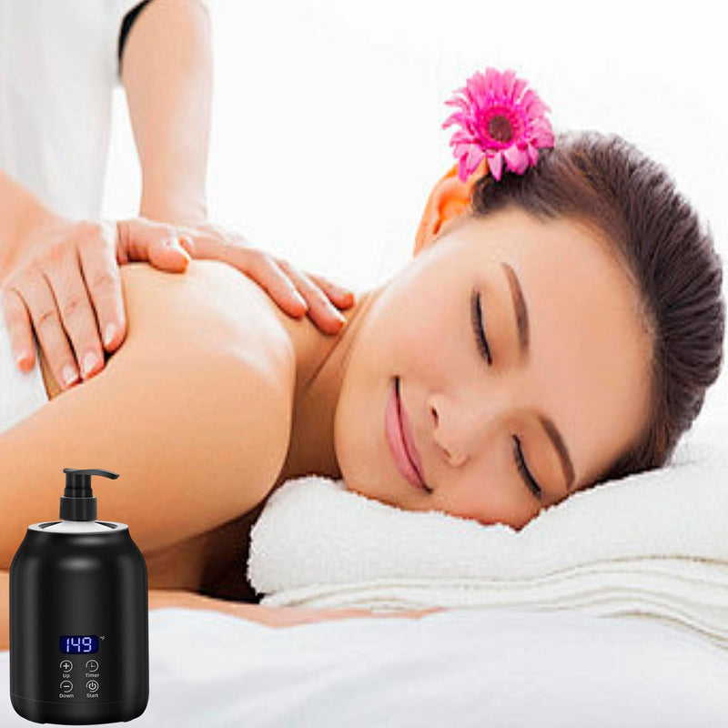 [Australia] - Massage Oil Warmer with Two Oil Bottles, Electric Massage Cream Lotion Heater Bottle Dispenser Pump Funnel with Adjustable Heating Temperature and Timer for Home Salon Barber Shops (Black) Black 