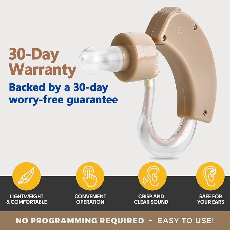 Hearing Amplifier for Seniors & Adults (Pair), Behind-the-Ear Personal Hearing Support Device with 6 Volume Levels, Noise Reduction for Clear Conversations, 6 Domes, Battery Powered, Case Beige 2-Pack Behind-the-Ear Battery
