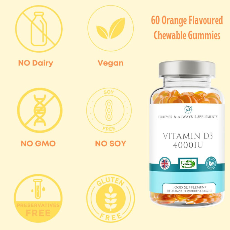 Vitamin D3 4000iu Gummies - High Strength 100μg Gummy - 60 Orange Flavoured Gummies - Vitamin D Supplement Teeth, Bone, Muscles & Immune System Support