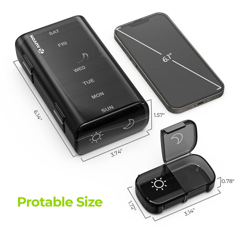 [Australia] - AUVON XL Weekly Pill Organizer 2 Times a Day, Pill Box 7 Day with One-Side Large Opening Design for Easy Filling, Black Privacy Protection AM PM Pill Case for Medication/Vitamins/Fish Oils/Supplements 