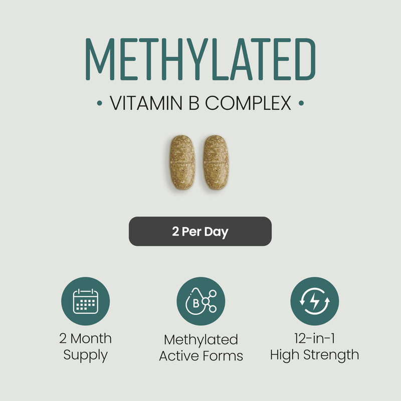 Vitamin B Complex High Strength Methylated B Vitamins | B6 Vitamins with Folate & B12 Supplements | Complete Complex with 12 Active Nutrients | Not Liquid Drops Or Spray | Vitabright 120 count (Pack of 1)