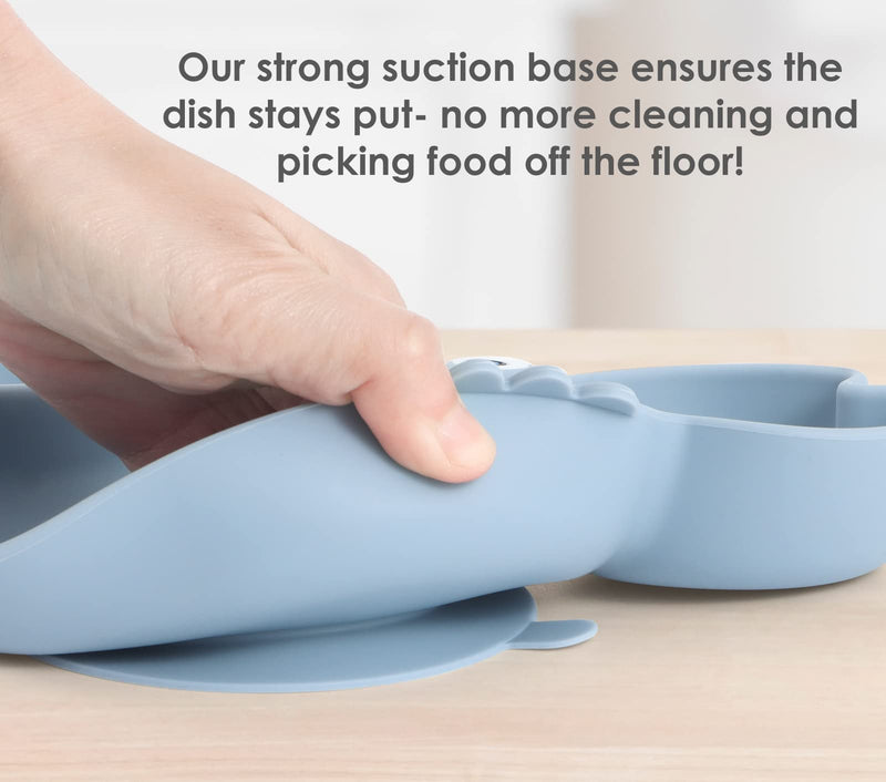[Australia] - ROCCED Suction Plates for Baby, Silicone Plates with Suction Divided, Baby Spoon Fork Set for Toddler Baby Dishes Kids Plates and Utensils-Crab Dusty Blue 