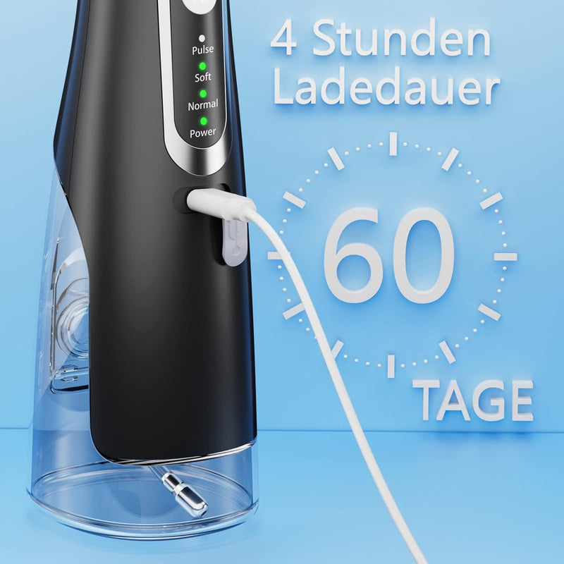 [Australia] - Powerful Oral Irrigator Electric Tooth Cleaner 4 Modes & 4 Nozzles Wireless Oral Irrigator IPX7 Waterproof Water Flosser 310ML Removable Water Tank for Ten Home and Travel Use Black 