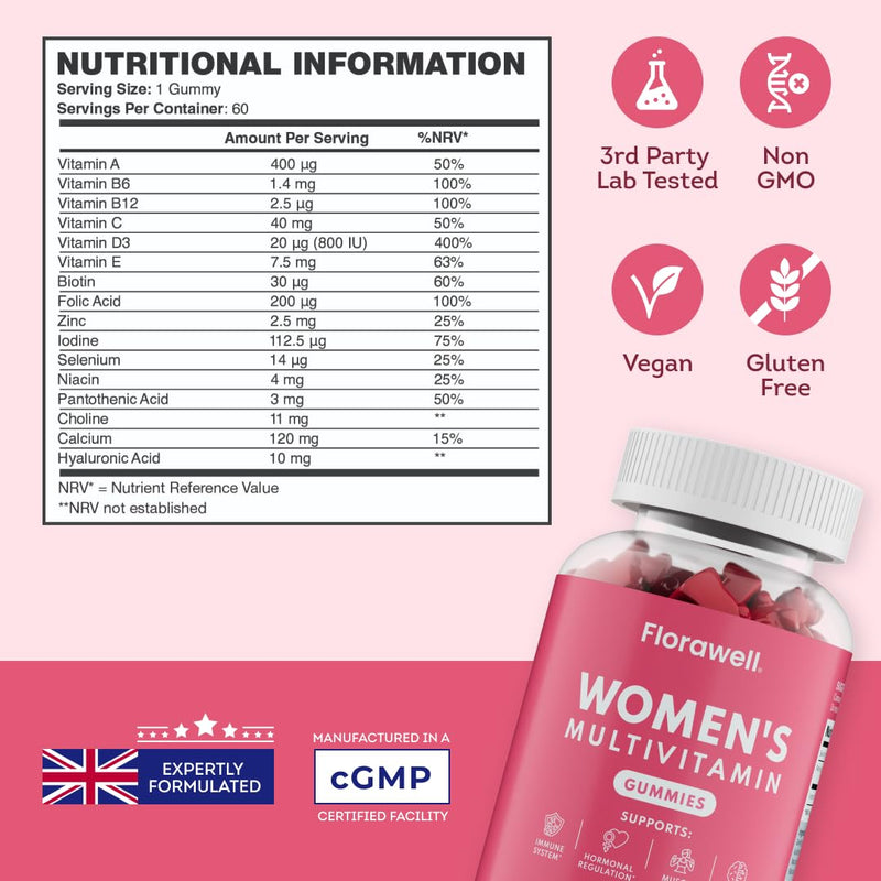 Multivitamin Gummies for Women - 16 Key Vitamins & Minerals for Immune Support & Hormonal Regulation* - 2 Months Supply - Natural Strawberry Flavour - Vitamin Gummies for Adults