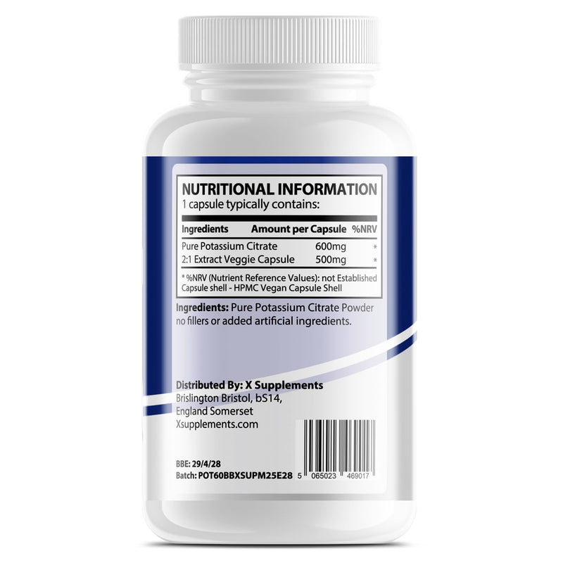 Potassium Citrate Capsules | 600mg Per Serving | 60 Vegan Capsules | 2 Month Supply | High Strength Potassium Supplements for Kidney Health | Muscle & Nerve Function