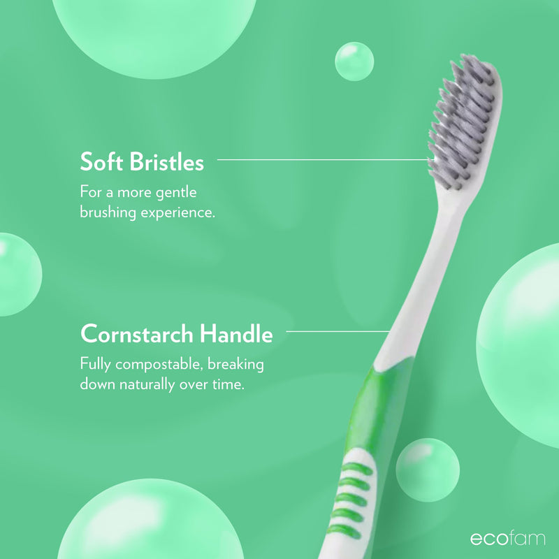ECOFAM Compostable Toothbushes, Dual Action Flossing Bristles, Silver Infused Soft Bristle Toothbrush, Natural Toothbrushes for Adults, Multi Color, 8-Pack 8 Pack