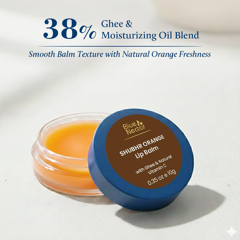 Blue Nectar Ayurvedic Orange Lip Balm with Organic Ghee & Natural Vitamin C for Dry Lips | Moisturizing Lip Gloss with Clean Ingredients (0.35 oz, 10 Herbs)