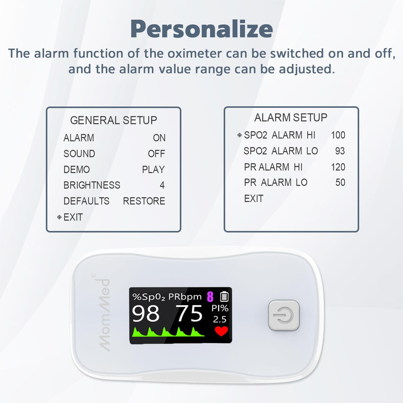 MOMMED Pulse Oximeter, Blood Oxygen Saturation Monitor (SpO2) with Clear Display, Pulse Rate (PR) Perfusion Index (PI) Finger Oximeter, Accurate Oxygen Saturation Meter for Fitness, Sports or Aviation YM201