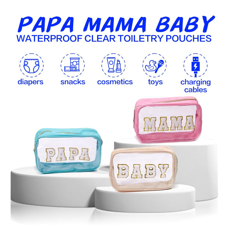 3pc Mama Baby Papa Clear Pouch Set with Chenille letters – Travel Makeup Toiletry Organizer Bags for Family Packing – Cute Personalized for Vacation, Hospital & Diaper Bag Essentials Papa Mama Baby